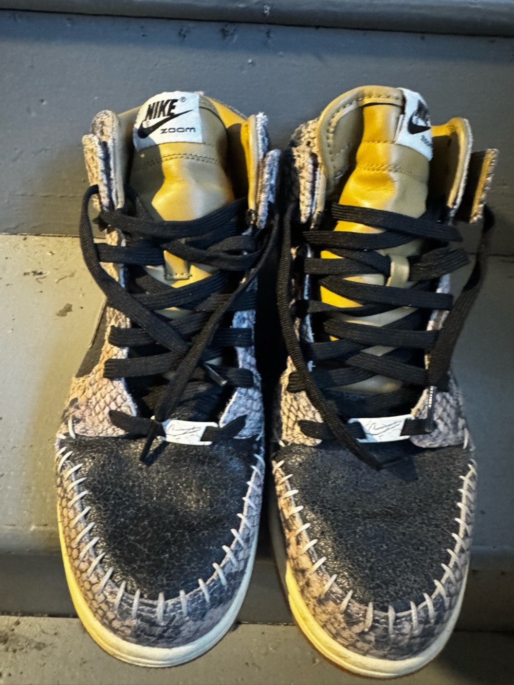 Nike High-Top Sneakers in Black, Yellow & Gray Snake-Pattern